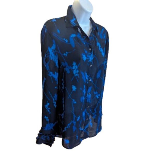 BANANA REPUBLIC Blue and Black Long Sleeve Printed Blouse Size Small - Picture 3 of 9